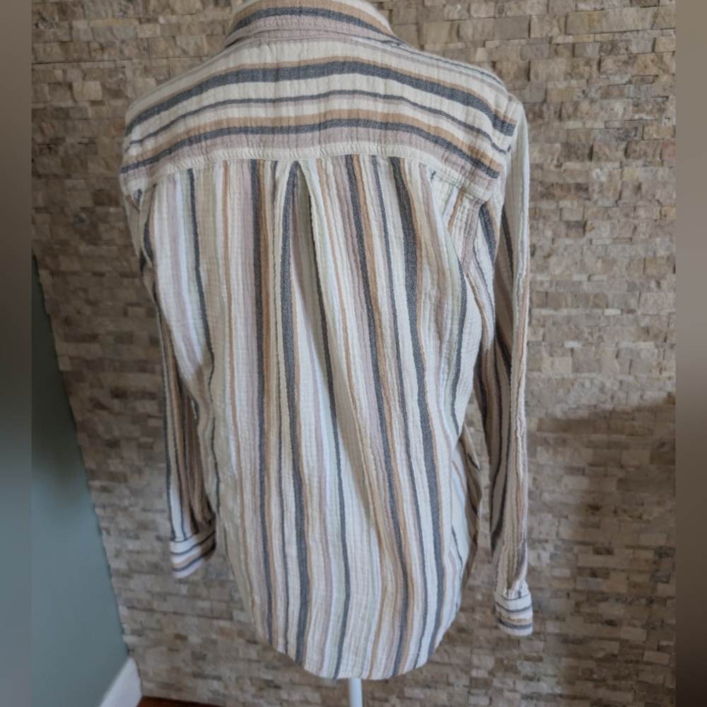 100% Cotton Button Down Shirt Parchment Stripe Minimalist Neutral Coastal Eco M image 10